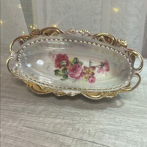 Floral Pickle/Relish Dish with Gold Accents